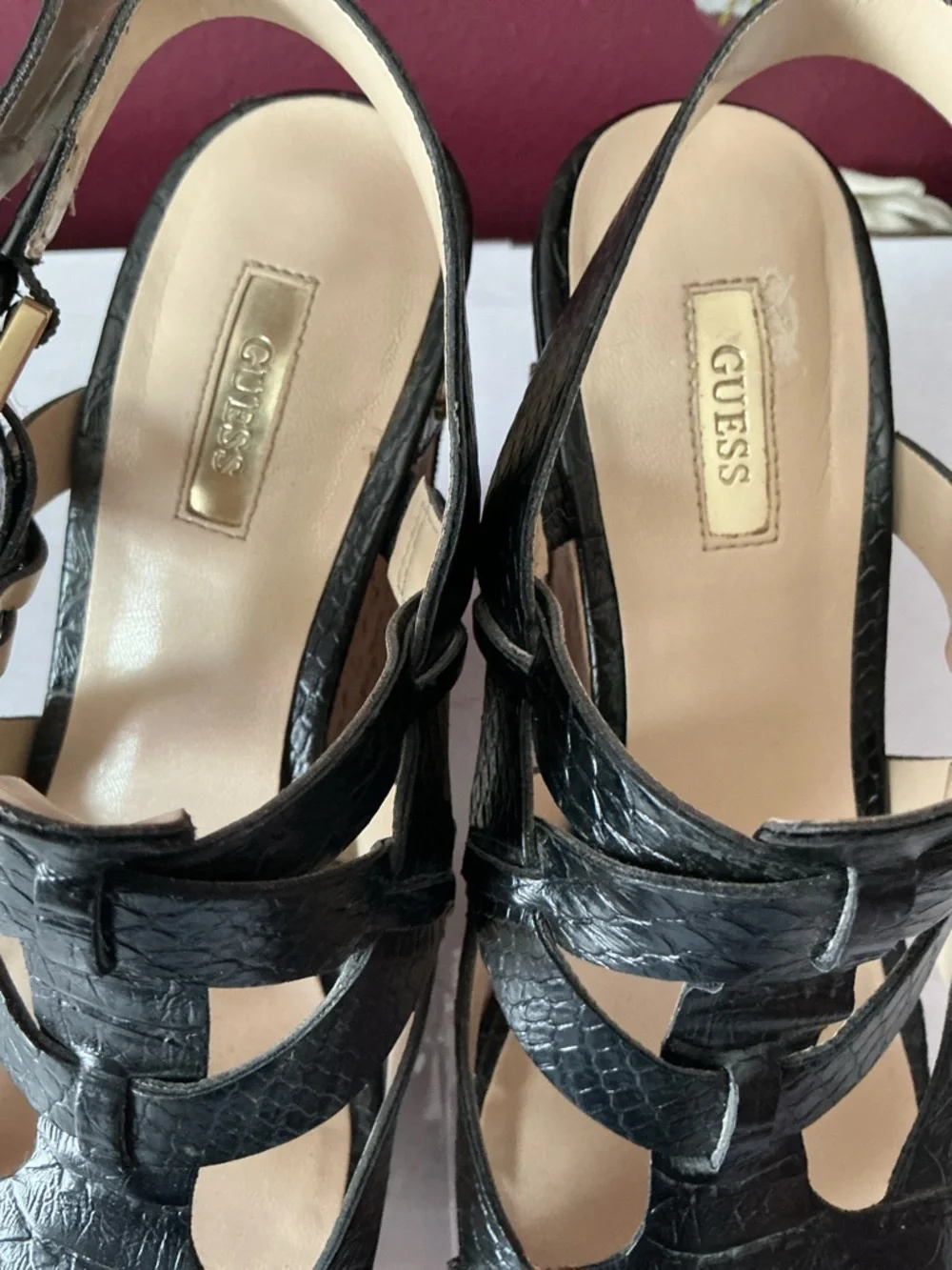 Guess Black Faux-Snakeskin Cork Wedge Sandals